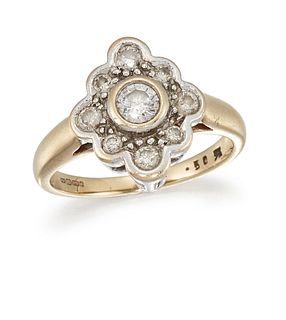 A DIAMOND CLUSTER RING
 The scalloped plaque, set 