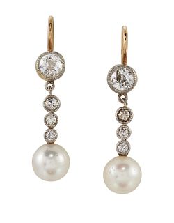 A PAIR OF CULTURED PEARL AND DIAMOND DROP EARRINGS