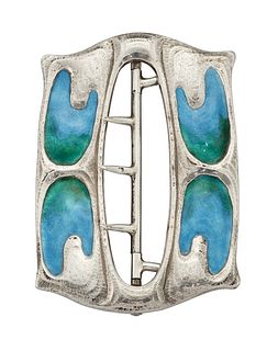 AN ARTS AND CRAFTS SILVER AND ENAMEL BELT BUCKLE
 