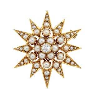 A HALF PEARL AND DIAMOND STAR BROOCH, CIRCA 1890
 