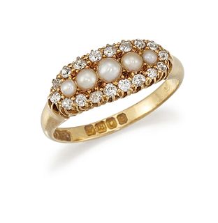 A HALF PEARL AND DIAMOND RING
 Centred by a row of