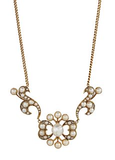 A PEARL-SET NECKLACE
 The central stylised bow, se