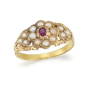 A MID 19TH CENTURY HALF-PEARL AND RUBY RING
 The s