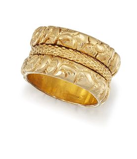 A 19TH CENTURY WIDE BAND RING
 The curved foliate 