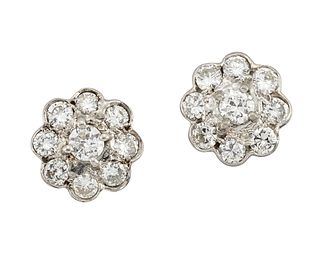 A PAIR OF DIAMOND CLUSTER EARRINGS
 Each centred b