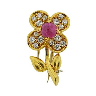 18k Gold Diamond Ruby Flower Brooch Pin