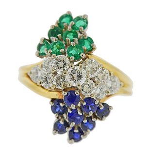 14k Gold Diamond Sapphire Emerald Cluster Ring