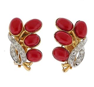 Mid Century 14k Gold Coral Diamond Earrings