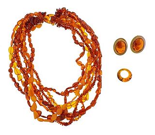 Amber Sterling Necklace Earrings Ring Lot