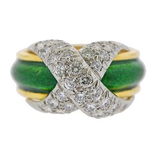 Tiffany &amp; Co Schlumberger 18k Gold Platinum Diamond Enamel X Ring