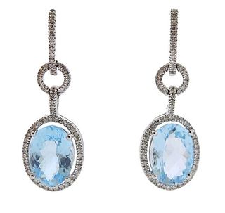 14K Gold Diamond Blue Stone Drop Earrings