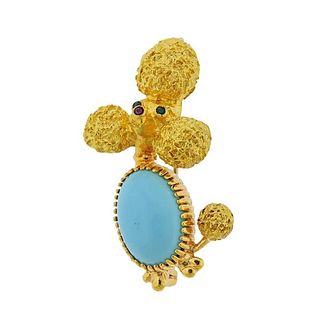 18k Gold Turquoise Emerald Ruby Poodle Dog Brooch Pin