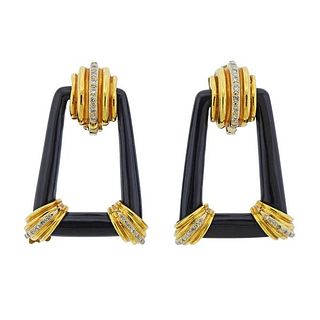 18k Gold Diamond Onyx Doorknocker Earrings