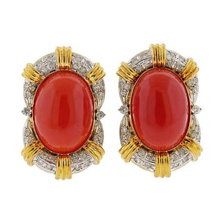 14k Gold Diamond Coral Earrings