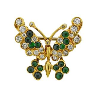 18k Gold Diamond Emerald Butterfly Brooch Pin