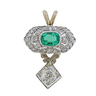 Art Deco Platinum 14k Gold Emerald Diamond Pendant 