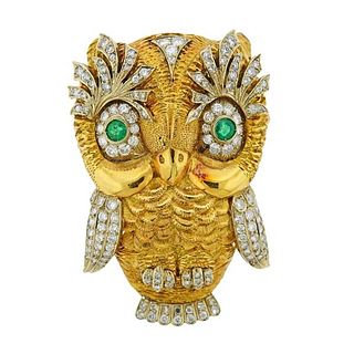 18k Gold Diamond Emerald Owl Brooch Pin