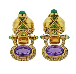 18K Gold Diamond Multi Gemstone Earrings