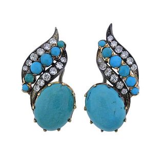 Mid Century Diamond Turquoise 18k Gold Earrings