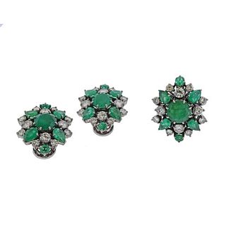 Gold Diamond Emerald Earrings Ring Set