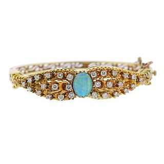 14k Gold Diamond Opal Bangle Bracelet