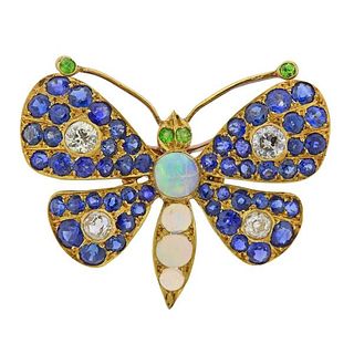 Antique Edwardian 18k Gold Opal Sapphire Diamond Butterfly Brooch
