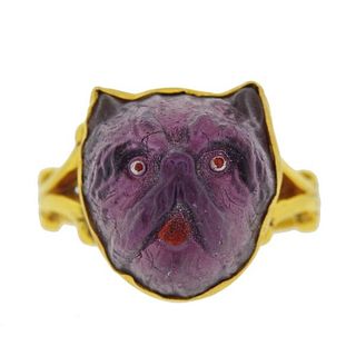 14k Gold Carved Purple Stone Cat Ring