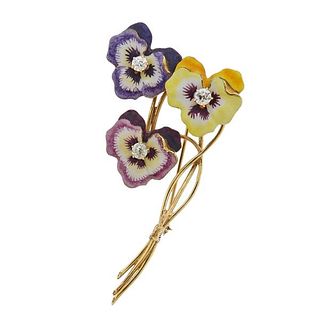 14k Gold Diamond Enamel Pansy Flower Brooch 