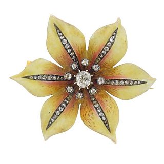 18k Gold Diamond Enamel Flower Brooch Pendant