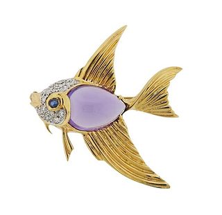 14k Gold Diamond Sapphire Amethyst Fish Brooch Pin