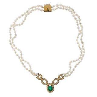 14K Gold Diamond Emerald Two Strand Pearl Necklace