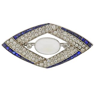 Art Deco Platinum Diamond Sapphire Moonstone Brooch Pendant
