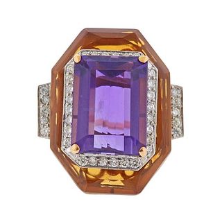 Antique 18k Gold Diamond Amethyst Cocktail Ring