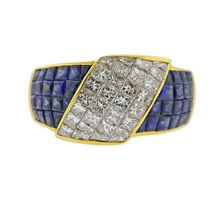 18K Gold Diamond Sapphire Wide Band Ring