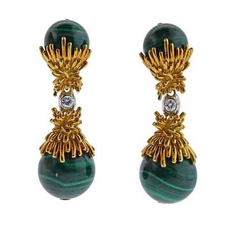 1970s  14K Gold Diamond Malachite Ball Earrings