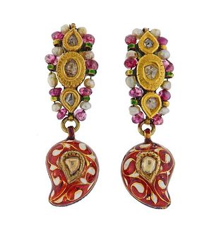 Indian 22K Gold Diamond Enamel Multi Stone Dangle Earrings