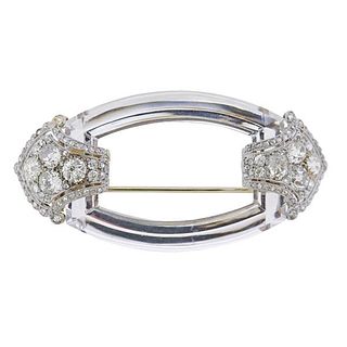 Art Deco Platinum Diamond Carved Crystal Brooch Pin