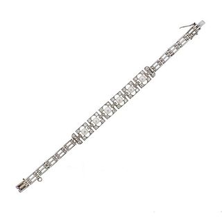 Art Deco 14k Gold Platinum Diamond Natural Pearl Bracelet