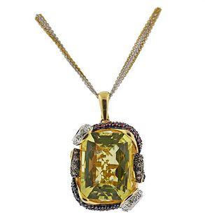 14K Gold Diamond Multi Gemstone Large Pendant Chain Necklace