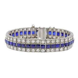 Art Deco Platinum Diamond Blue Stone Bracelet