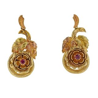 Antique Victorian 14k Gold Ruby Flower Earrings