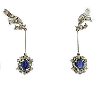 Mid Century 18K Gold Diamond Sapphire Drop Earrings