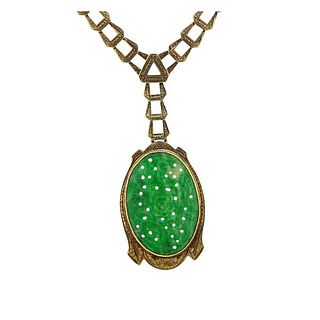 Art Deco 14K Gold Carved Jade Pendant Necklace