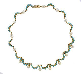 Antique 14K Gold Turquoise Pearl Wave Necklace