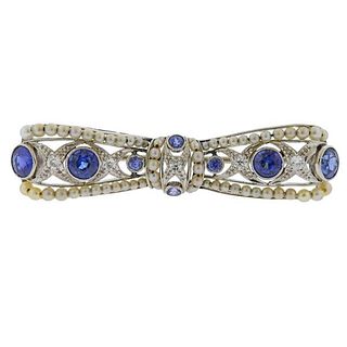 Art Deco Platinum Diamond Sapphire Pearl Bow Brooch Pin