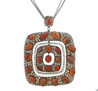 18K Gold Diamond Opal Large Square Pendant Necklace