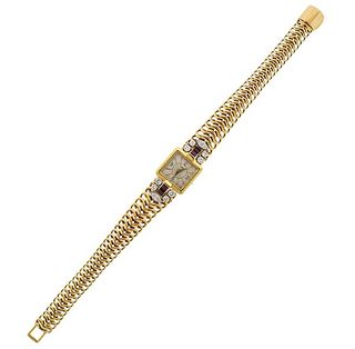 Cartier Mid Century 18k Gold Diamond Ruby Backwind Watch 