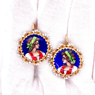 Victorian 18k Gold Enamel Girls Earrings Signed 