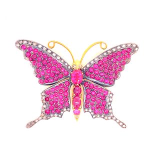 Silver and Gold Rubies Butterfly Brooch
