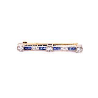Art Deco 18k Gold Diamonds Sapphire Brooch